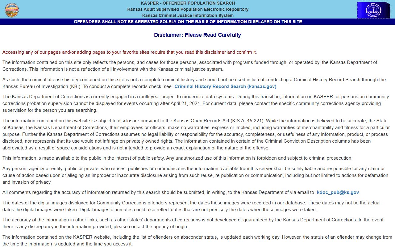 Kansas KASPER search for Harper County inmate population transfers